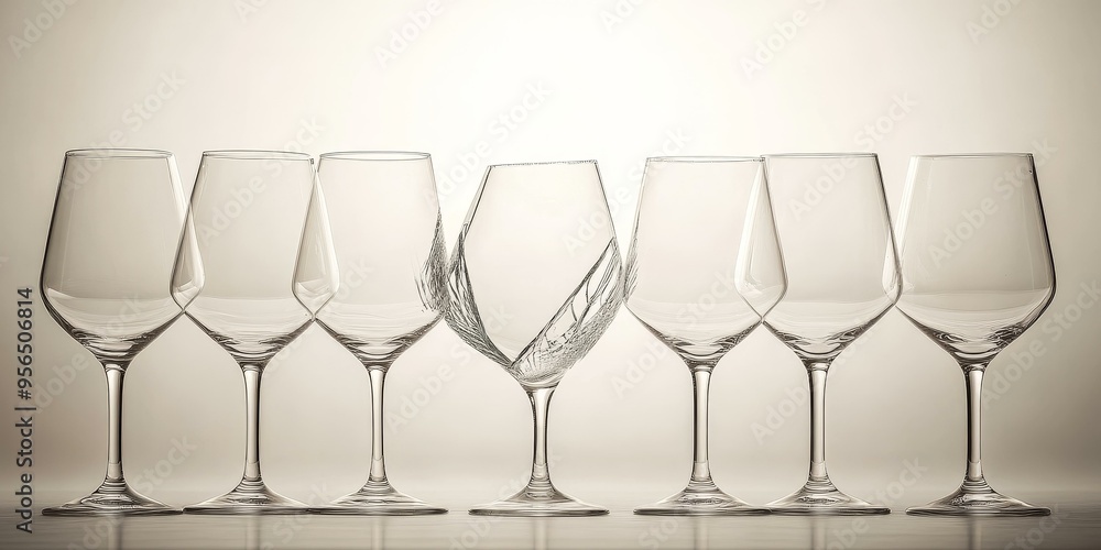 Empty glasses, one cracked, lined up. Empty glasses, one cracked, lined up.