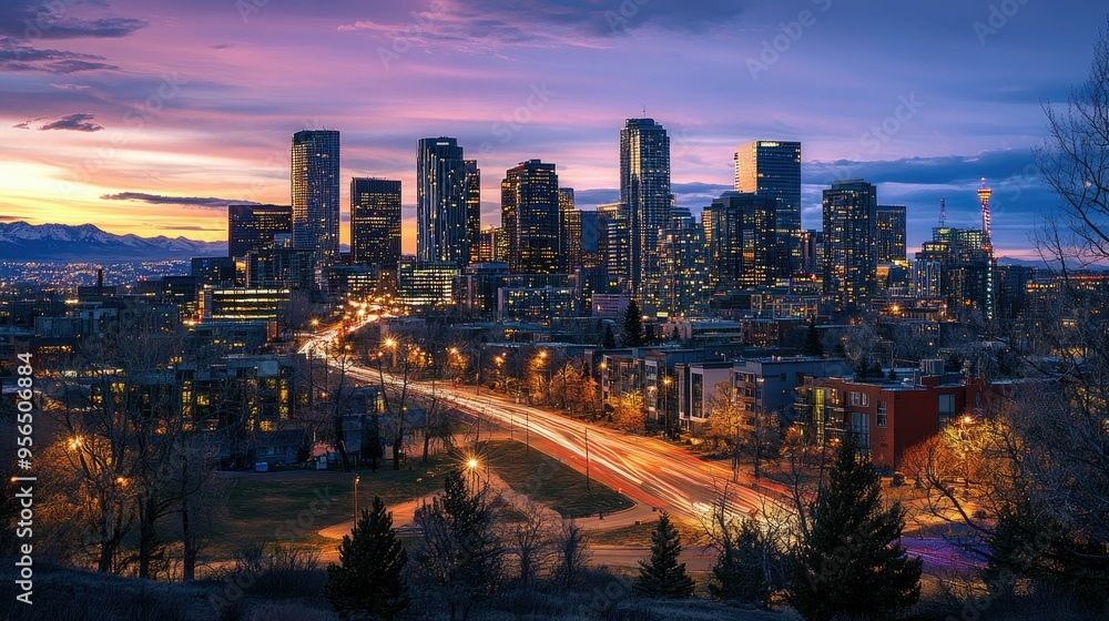 A stunning cityscape at twilight, with tall buildings illuminated against a vibrant purple sky. A stunning cityscape at twilight, with tall buildings illuminated against a vibrant purple sky.