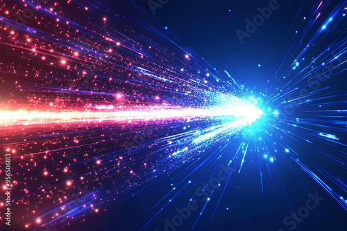 Dynamic abstract image of vibrant light trails and colorful particles converging towards a bright center, symbolizing speed and energy