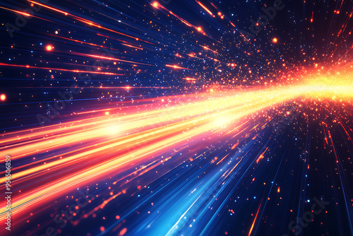 Dynamic abstract image of vibrant light trails and colorful particles converging towards a bright center, symbolizing speed and energy