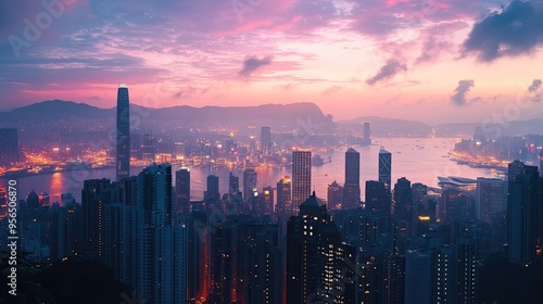 A breathtaking cityscape bathed in the soft glow of a pink and purple sunset.