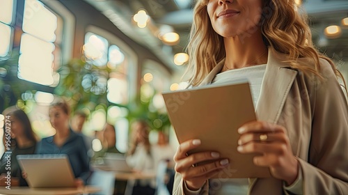 A Woman Holding a Tablet in a Blurred Office Setting