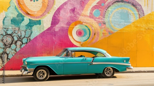 A vintage turquoise car parked in front of a colorful wall with abstract patterns. photo