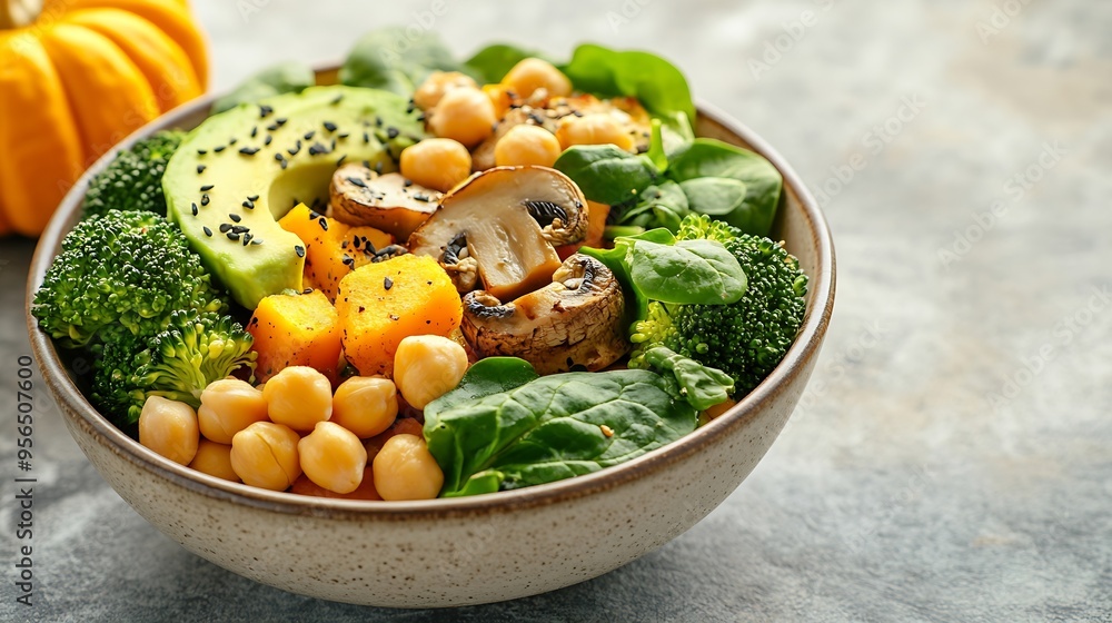 vegetable vegetarian buddha bowl avocado mushrooms broccoli spinach chickpeas pumpkin on a light background Long banner format top view : Generative AI vegetable vegetarian buddha bowl avocado mushrooms broccoli spinach chickpeas pumpkin on a light background Long banner format top view : Generative AI