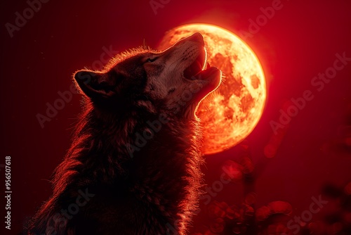 Halloween wolf or werewolf under the red moon with copy space photo