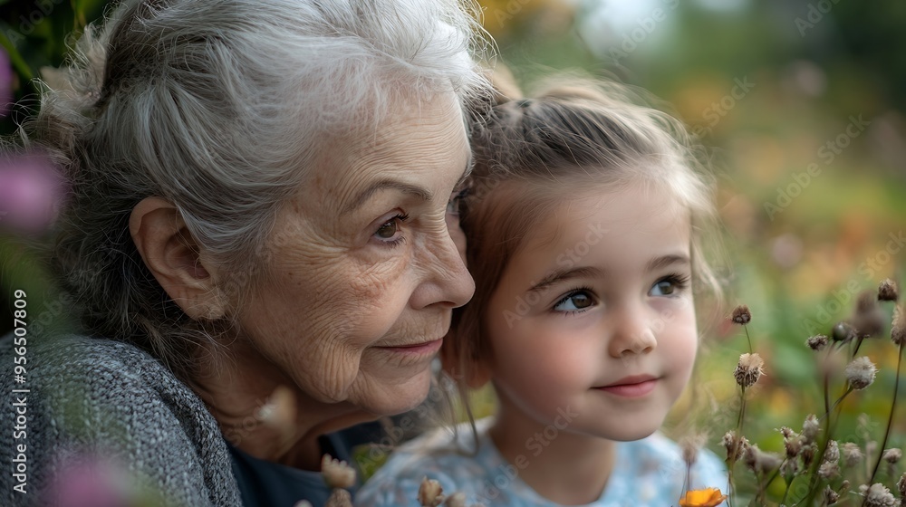 Grandmother and granddaughter enjoyed in the garden : Generative AI Grandmother and granddaughter enjoyed in the garden : Generative AI