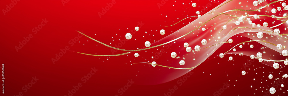 Abstract golden waves and white pearls flying decorations on red background. Beautiful valentine's day banner, greeting card design, wedding invitation with copy space Abstract golden waves and white pearls flying decorations on red background. Beautiful valentine's day banner, greeting card design, wedding invitation with copy space
