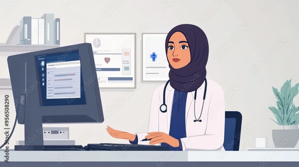 Illustration of a professional woman wearing a hijab and a stethoscope, likely representing a healthcare worker or doctor, at her computer workstation in an office. Illustration of a professional woman wearing a hijab and a stethoscope, likely representing a healthcare worker or doctor, at her computer workstation in an office.