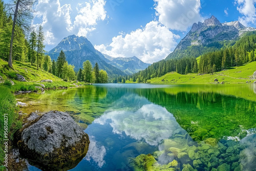 Panoramic view of idyllic summer landscape in the Alps with clear mountain lake and fresh green mountain pastures in the background