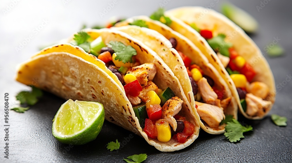 Homemade Mexican Tacos with fresh vegetables and chicken with strong light on white background Healthy food Typical Mexican : Generative AI Homemade Mexican Tacos with fresh vegetables and chicken with strong light on white background Healthy food Typical Mexican : Generative AI