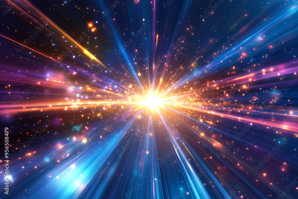 Dynamic abstract image of vibrant light trails and colorful particles converging towards a bright center, symbolizing speed and energy