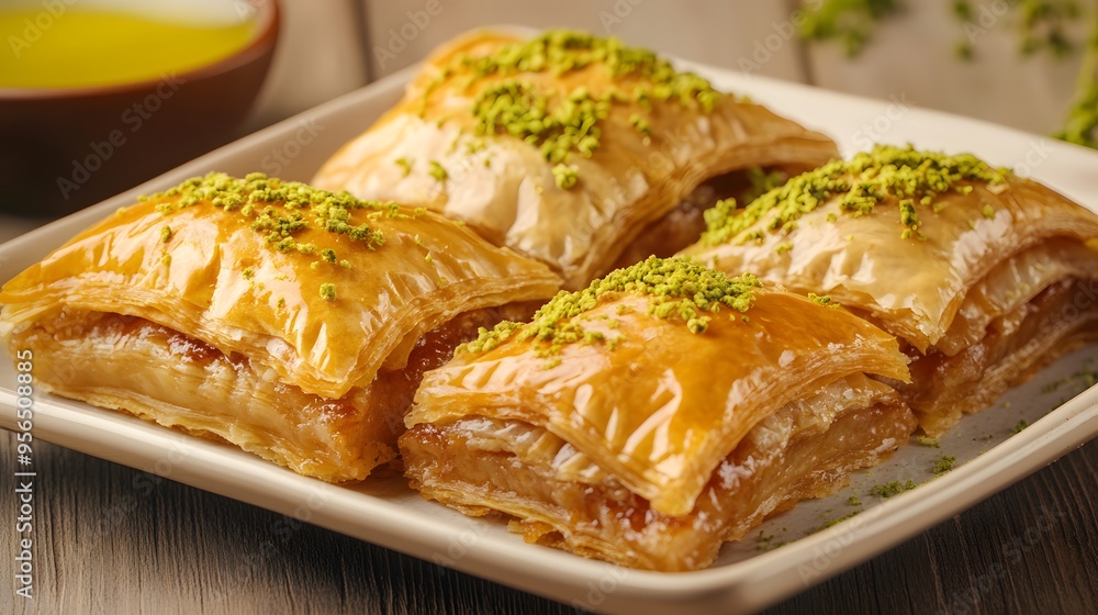Delicious baklava squares topped with crushed pistachios on a ceramic plate Delicious baklava squares topped with crushed pistachios on a ceramic plate