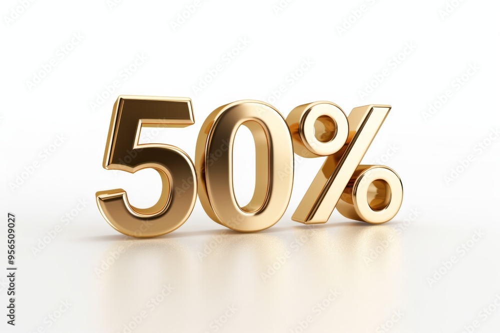 50 percent on white background. 3d render of a gold fifty percent 50 percent on white background. 3d render of a gold fifty percent