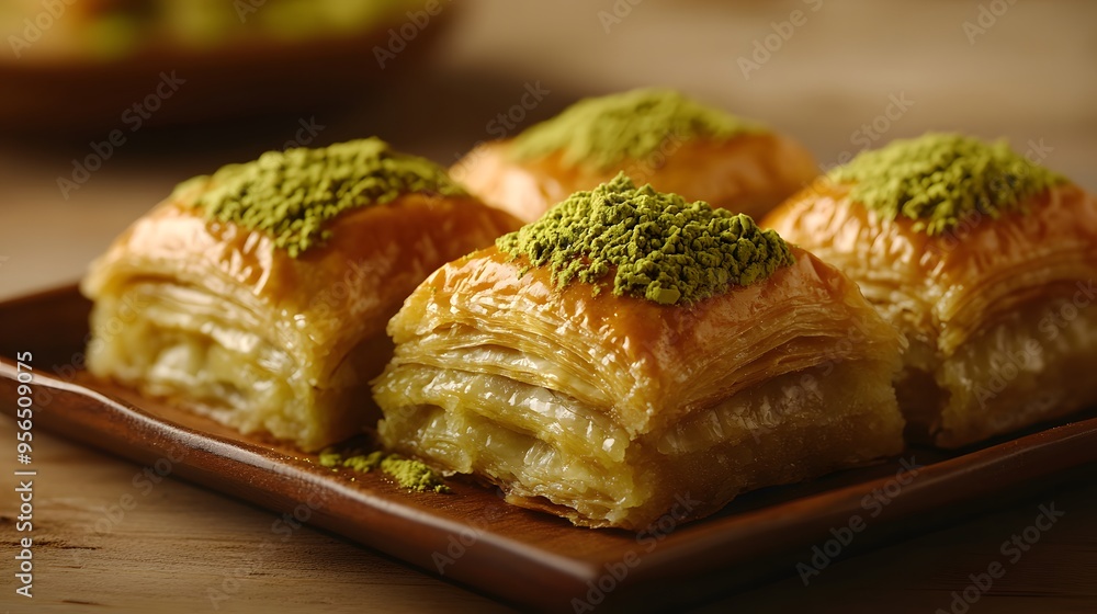 Delicious baklava pieces topped with ground pistachios on wooden plate Delicious baklava pieces topped with ground pistachios on wooden plate