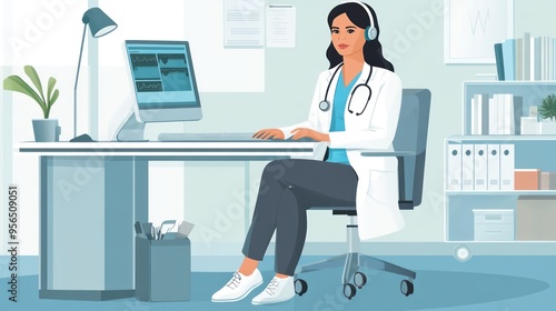 Illustration of a female doctor sitting at her desk with a computer, stethoscope, and medical equipment in a clean and organized office environment.