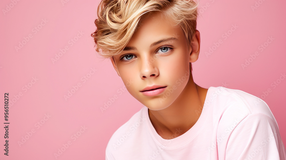 Portrait of a happy serious blond haired confident teenage guy with perfect skin, pink background, banner. Portrait of a happy serious blond haired confident teenage guy with perfect skin, pink background, banner.