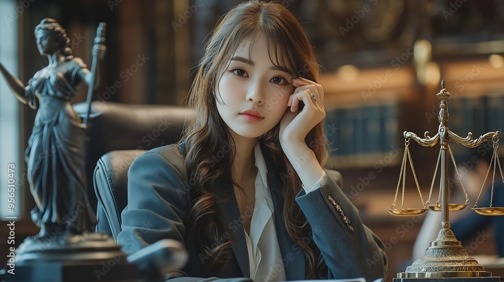 Female lawyer works in office or court checks clients contracts Calling by phone Asian successful business lady statuette of Themis goddess of justice legal advice online : Generative AI Female lawyer works in office or court checks clients contracts Calling by phone Asian successful business lady statuette of Themis goddess of justice legal advice online : Generative AI