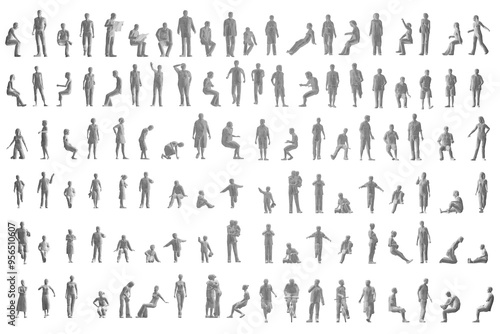 Set with people polygonal in different positions isolated on white background. Men, women and children walking, running, standing, sitting. Isometric view. Vector illustration. 3D