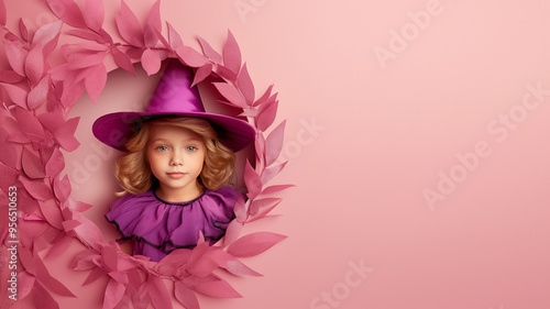 A young child wears a purple witch hat, gazing thoughtfully while framed by vibrant pink leaves, capturing the spirit of Halloween in a playful yet elegant style