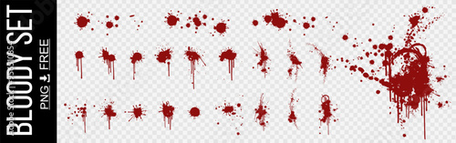 Bloody marks, splashes and stains. Vector set with realistic splashes and blood stains on transparent background. Fresh dynamic blood splashes. Realistic set numerous red spots and smudges