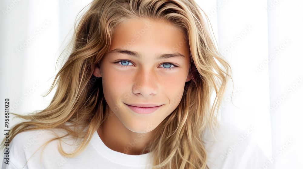 Portrait of a happy smiling blond, long haired confident teenage guy with perfect skin, white background, banner. Portrait of a happy smiling blond, long haired confident teenage guy with perfect skin, white background, banner.