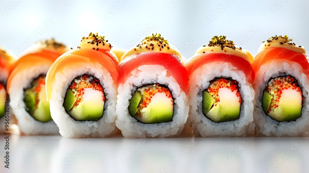Fresh sushi rolls with salmon and avocado on white background Fresh sushi rolls with salmon and avocado on white background