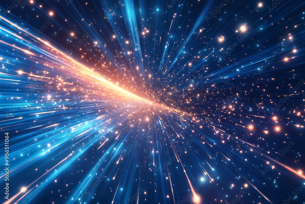 Dynamic abstract image of vibrant light trails and colorful particles converging towards a bright center, symbolizing speed and energy