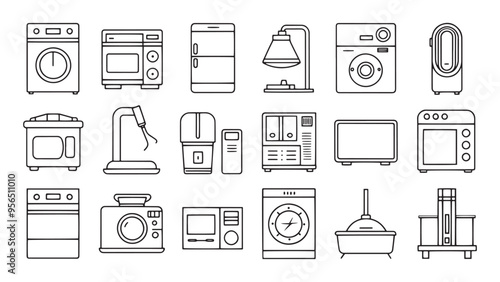  Home Appliances web icons in line style. Household appliance, vacuum cleaner, refrigerator, TV, cooking, entertainment, conditioni