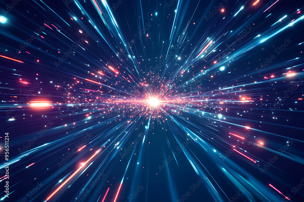 Dynamic abstract image of vibrant light trails and colorful particles converging towards a bright center, symbolizing speed and energy Dynamic abstract image of vibrant light trails and colorful particles converging towards a bright center, symbolizing speed and energy