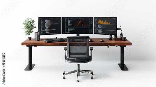 Modern workspace with triple monitors, ergonomic chair, and minimal decor for productivity and focus.