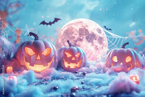 Halloween festival without text on 3d soft render style A banner with a paper cut-style haunted house photo