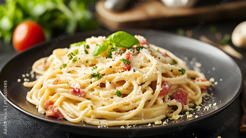 Delicious spaghetti carbonara with parmesan and herbs on a black plate Delicious spaghetti carbonara with parmesan and herbs on a black plate