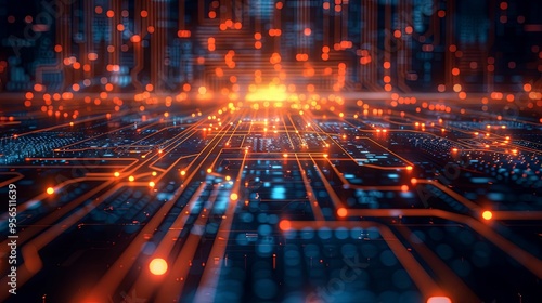 Abstract digital circuit board with glowing orange lines and connections