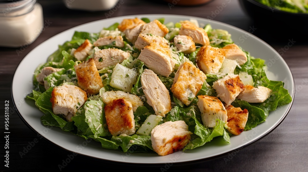 Fresh grilled chicken caesar salad with crunchy croutons on romaine lettuce Fresh grilled chicken caesar salad with crunchy croutons on romaine lettuce