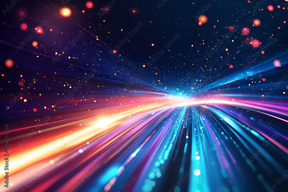 Dynamic abstract image of vibrant light trails and colorful particles converging towards a bright center, symbolizing speed and energy Dynamic abstract image of vibrant light trails and colorful particles converging towards a bright center, symbolizing speed and energy