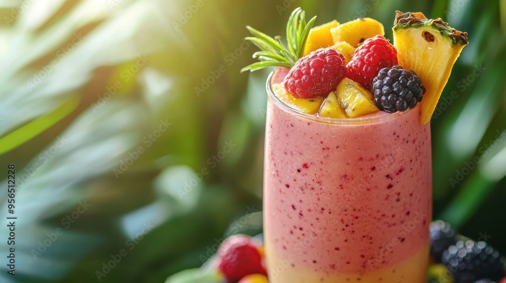 Refreshing Mixed Fruit Smoothie in Tall Glass Jar with Berries and Tropical Slices on Light Background Refreshing Mixed Fruit Smoothie in Tall Glass Jar with Berries and Tropical Slices on Light Background