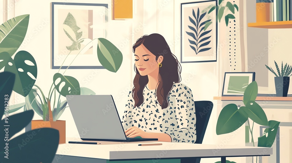 A young woman working on her laptop in a cozy home office, surrounded by plants and artwork. A young woman working on her laptop in a cozy home office, surrounded by plants and artwork.