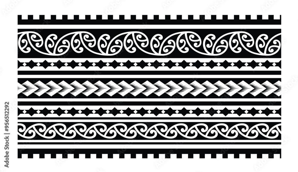 Polynesian pattern tribal tattoo border. Tribal tattoo geometric fore arm samoan band. Tattoo eps forearm samoan sleeve bracelet. Fabric seamless isolated hawaiian pattern on white background. Polynesian pattern tribal tattoo border. Tribal tattoo geometric fore arm samoan band. Tattoo eps forearm samoan sleeve bracelet. Fabric seamless isolated hawaiian pattern on white background.