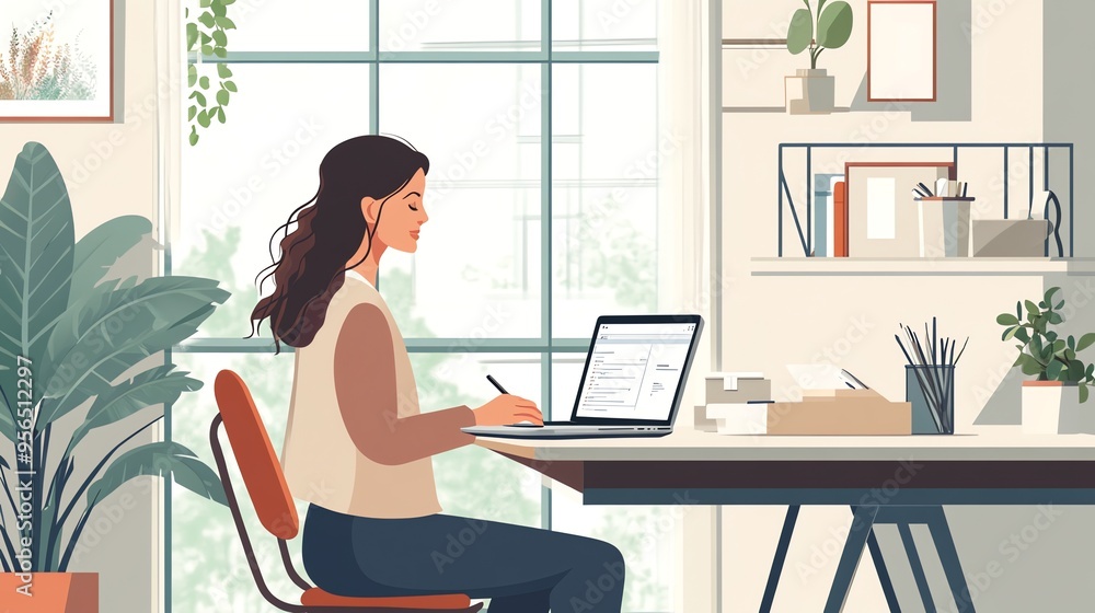 Woman sitting at a desk in front of a window working on a laptop. Woman sitting at a desk in front of a window working on a laptop.