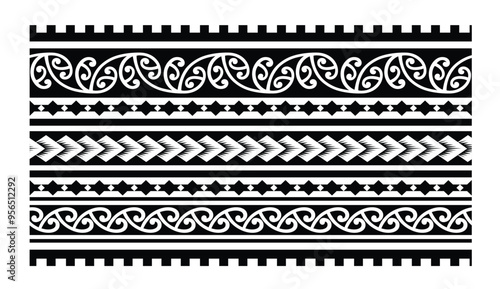 Polynesian pattern tribal tattoo border. Tribal tattoo geometric fore arm samoan band. Tattoo eps forearm samoan sleeve bracelet. Fabric seamless isolated hawaiian pattern on white background.