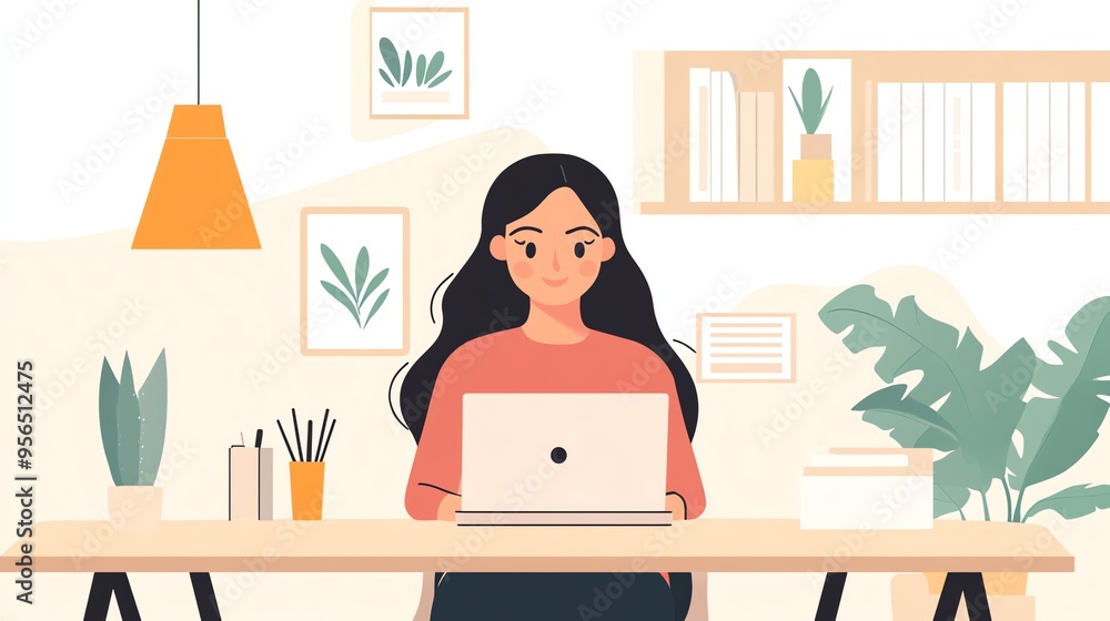 A woman sits at a desk, working on a laptop. She smiles, and the scene is full of bright colors and light. A woman sits at a desk, working on a laptop. She smiles, and the scene is full of bright colors and light.