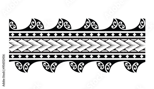 Polynesian pattern tribal tattoo border. Tribal tattoo geometric fore arm samoan band. Tattoo eps forearm samoan sleeve bracelet. Fabric seamless isolated hawaiian pattern on white background.