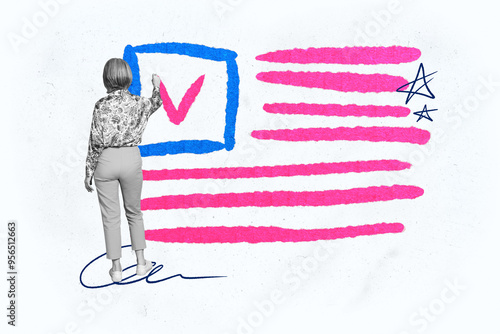 Composite photo collage of anonym girl draw ballot checkmark approval decision patriot card doodle isolated on painted background