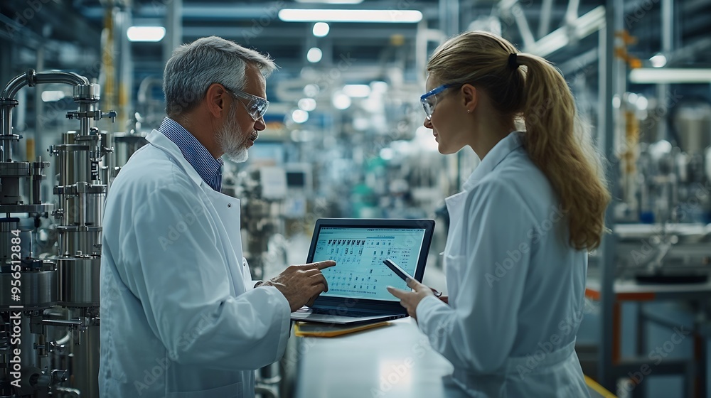 Obraz premium Middle Aged Engineer and Female Scientist Standing with Their Back Using Laptop Computer and Talking in a Factory Facility with Equipment Producing Modern Technical Devices for Differe : Generative AI