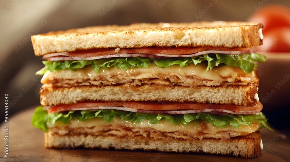 Delicious multilayer sandwich with ham, cheese, and lettuce on whole wheat bread Delicious multilayer sandwich with ham, cheese, and lettuce on whole wheat bread