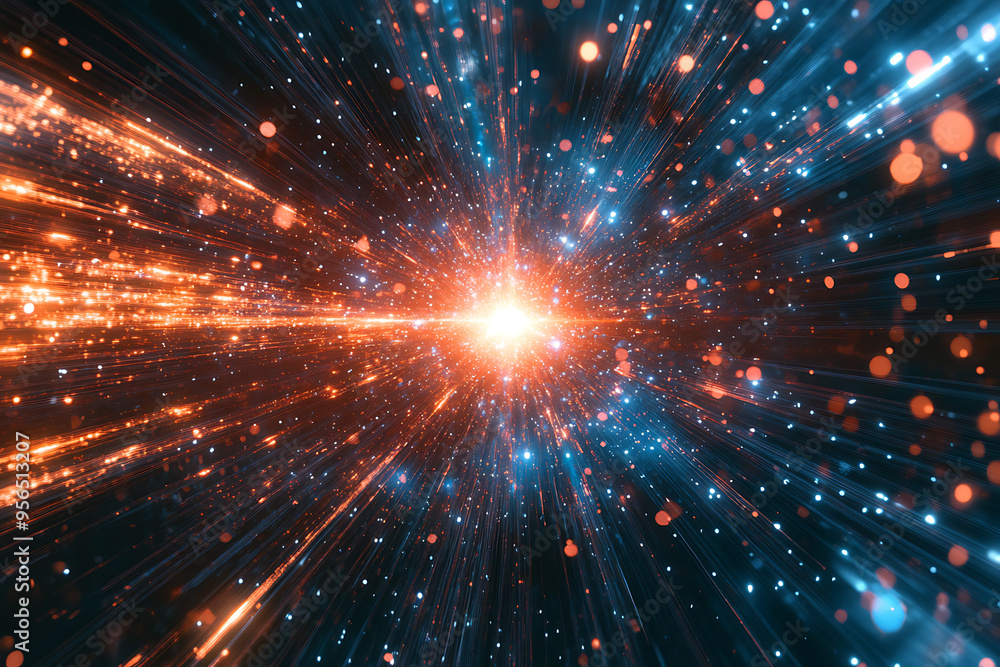 Dynamic abstract image of vibrant light trails and colorful particles converging towards a bright center, symbolizing speed and energy