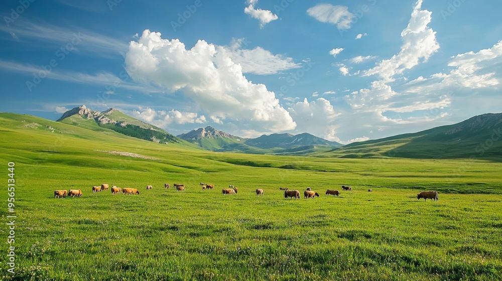 A green pasture with grazing animals, peaceful and pastoral A green pasture with grazing animals, peaceful and pastoral