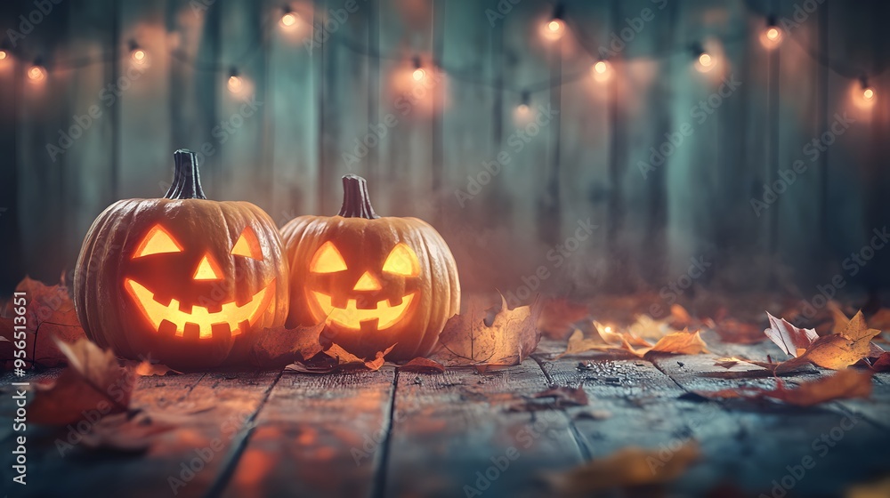 Fototapeta premium A festive Halloween scene with glowing jack-o'-lanterns lining both sides of a path, surrounded by autumn leaves and string lights. Bare trees and floating leaves create a spooky, yet warm atmosphere.