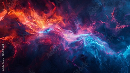 Abstract Swirling Nebula with Red, Orange, and Blue Hues