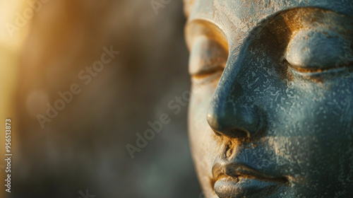 Medium close-up of a serene face with closed eyes, surrounded by soft light, representing spiritual enlightenment.